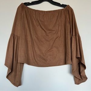 On the Road Off the Shoulder Faux Suede Peasant Long Sleeve Tan Top
